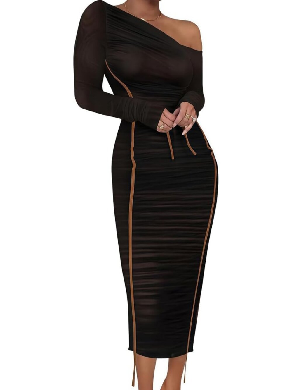 Chic Off-Shoulder Long Sleeve Mesh Bodycon Dress - Ruched Cocktail Maxi Dress